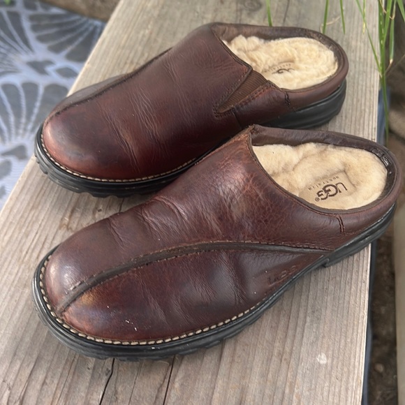 UGG Shoes - UGG leather slip on clog or outdoor slippers. Shearling interior woman’s size 7